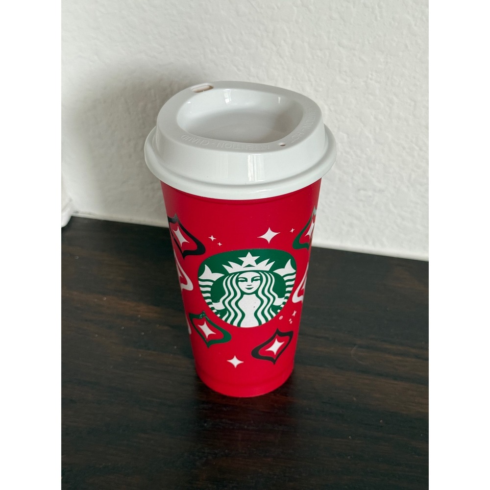 Starbucks Reusable Holiday Coffee Cup 16oz Red Green Starburst Tumbler with Lid